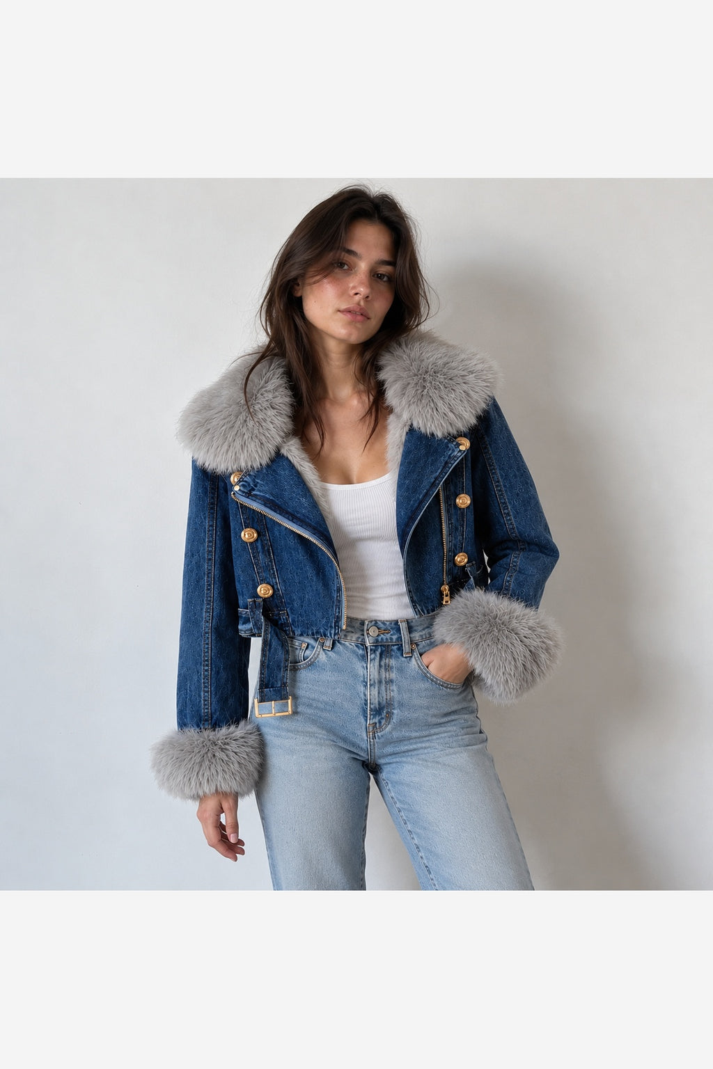 Women's Denim Jacket Faux Fur Collar – Dark Blue