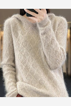 Women's Hooded Pointelle Knit Jumper – Camel