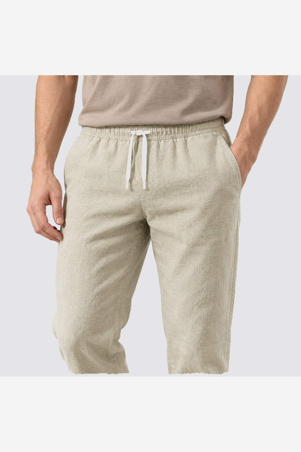 Men's Linen Look Trousers – Beige waist detail