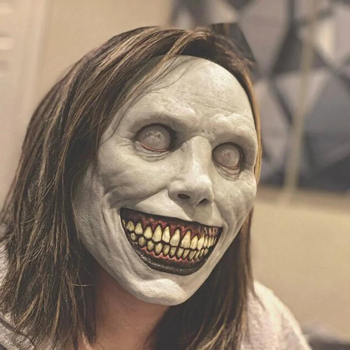 Masque de démon souriant terrifiant – accessoire de costume maléfique aux yeux blancs réalistes