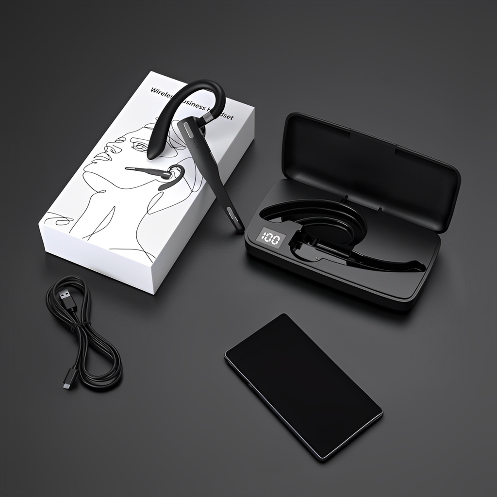 Vezeték nélküli Bluetooth-headset fülkampóval és töltőtokkal