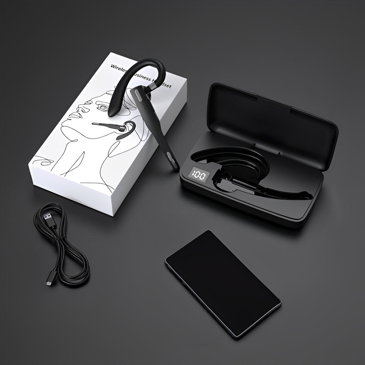 Vezeték nélküli Bluetooth-headset fülkampóval és töltőtokkal