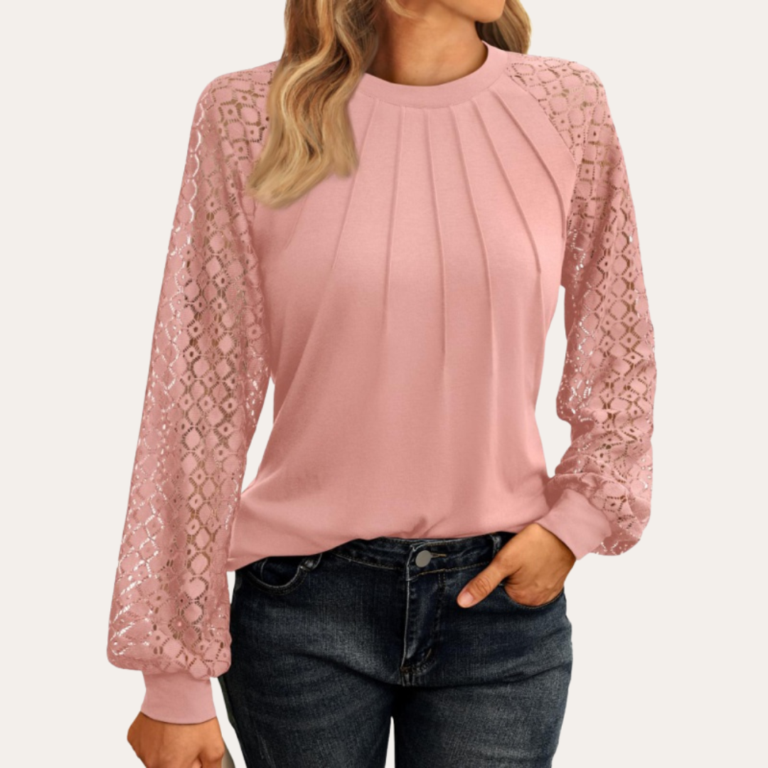 Blouse élégante pour femme à encolure plissée et manches en dentelle transparente pour un look chic