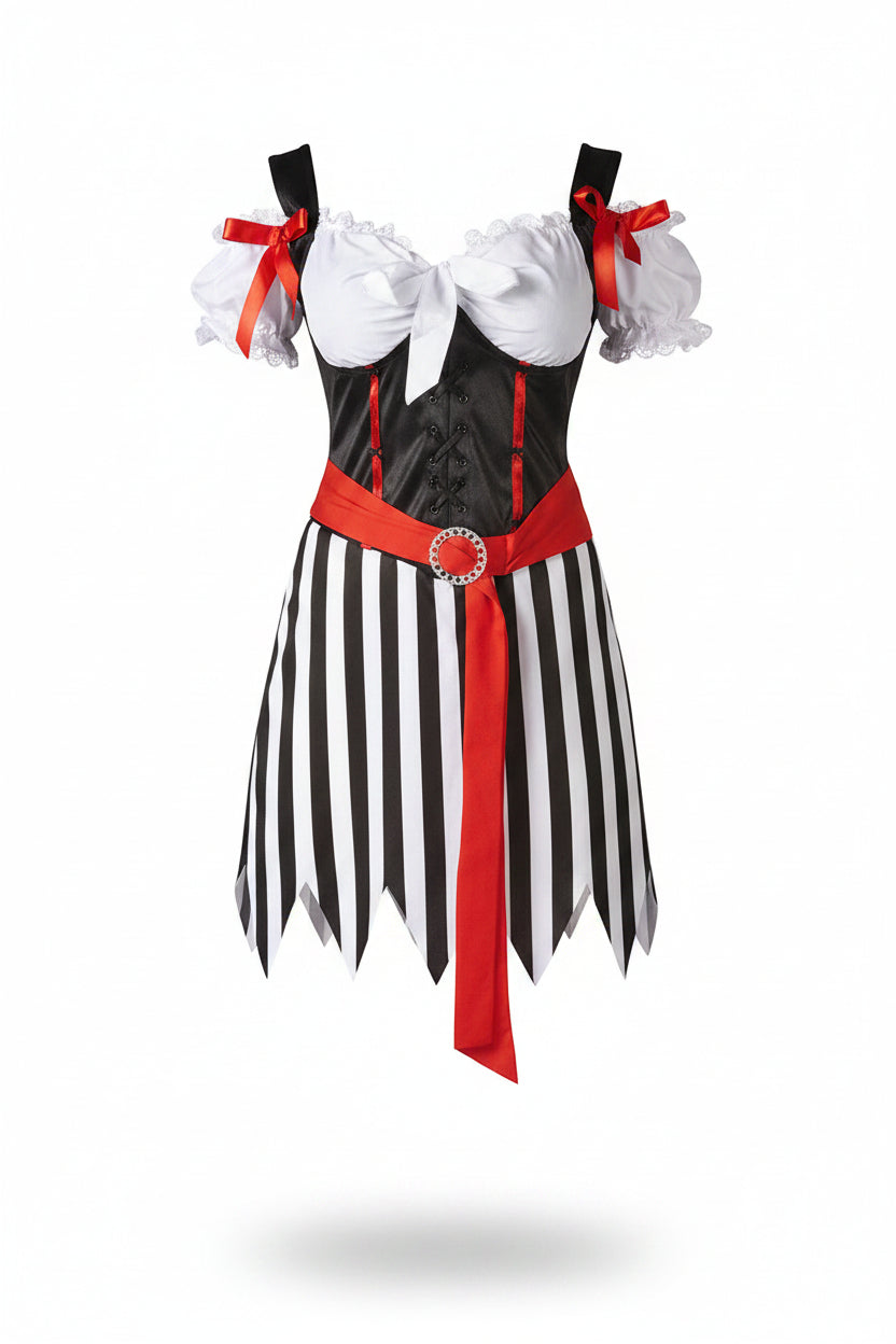 Robe de déguisement de pirate pour femme pour Halloween, avec corset, ceinture et jupe à rayures