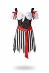 Robe de déguisement de pirate pour femme pour Halloween, avec corset, ceinture et jupe à rayures