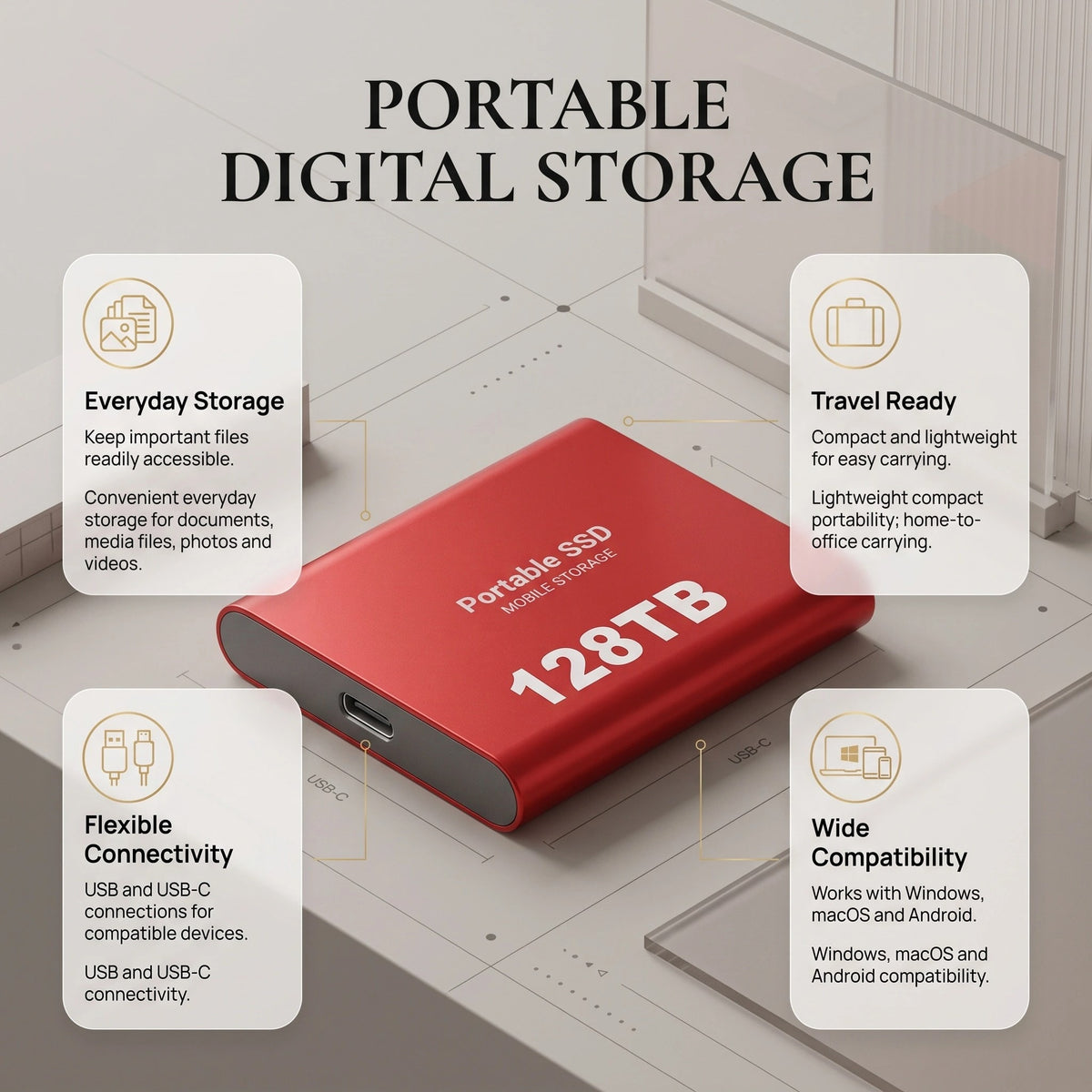 Portable External SSD 128TB Compact Storage Drive