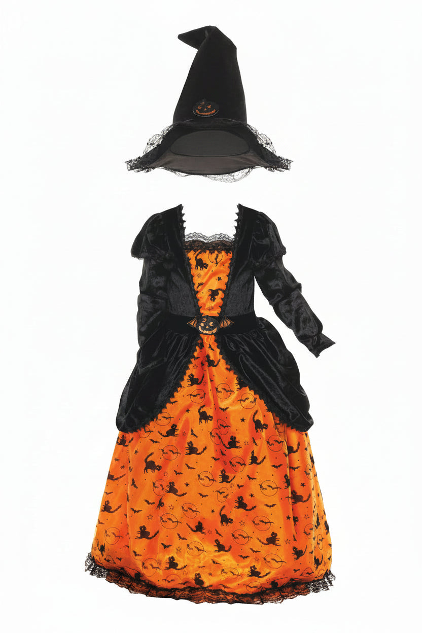 Children's Witch Halloween Costume with Pumpkin Dress and Hat
