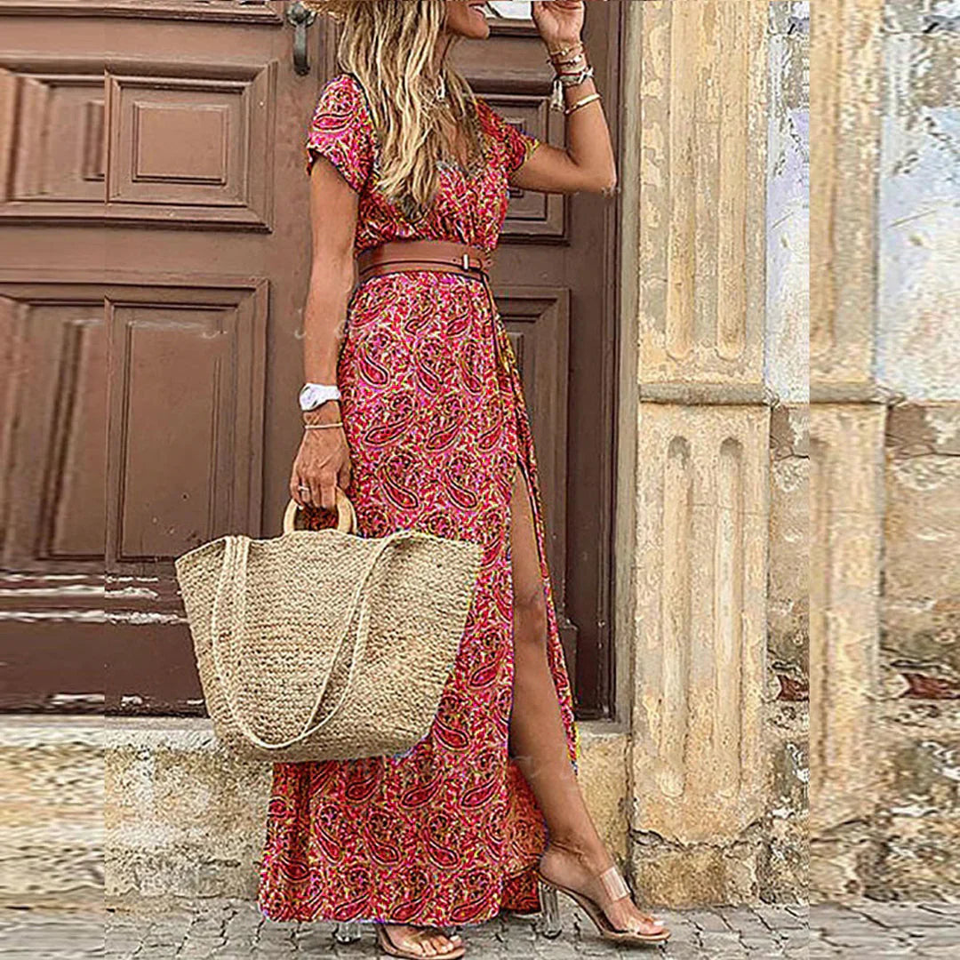 Women's Boho Maxi Dress Short Sleeve Belted Dress