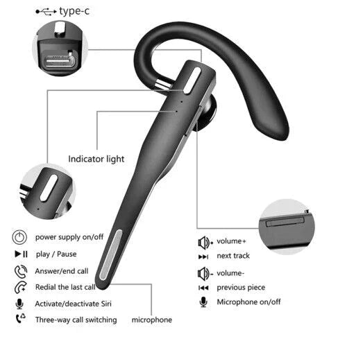 Wireless Bluetooth Headset with Ear Hook and Charging Case
