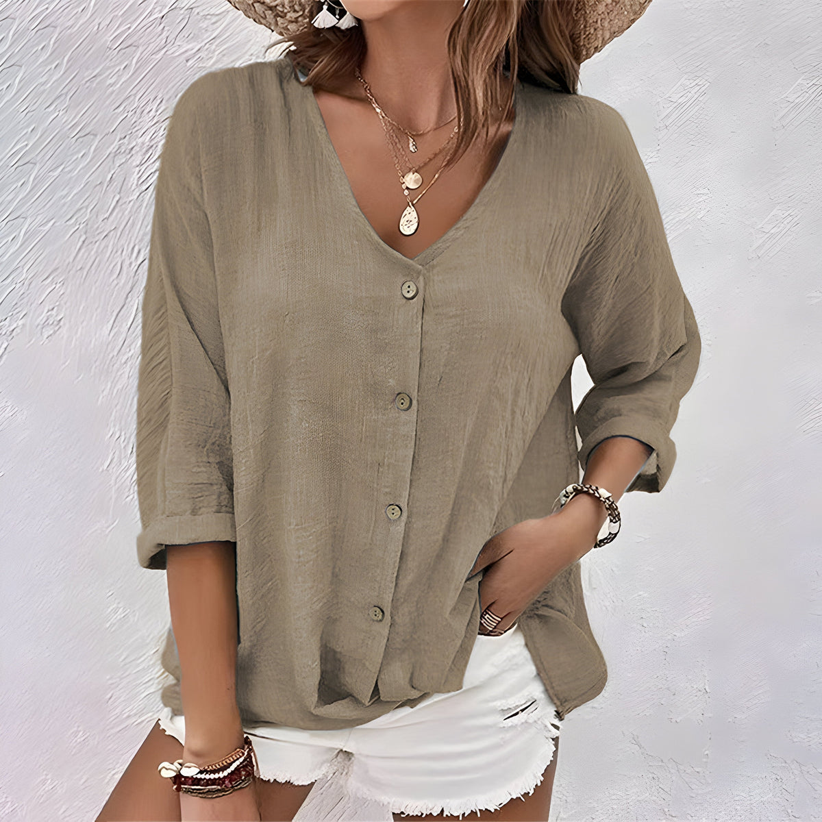 Blouse boutonnée à col en V pour femme, coupe décontractée