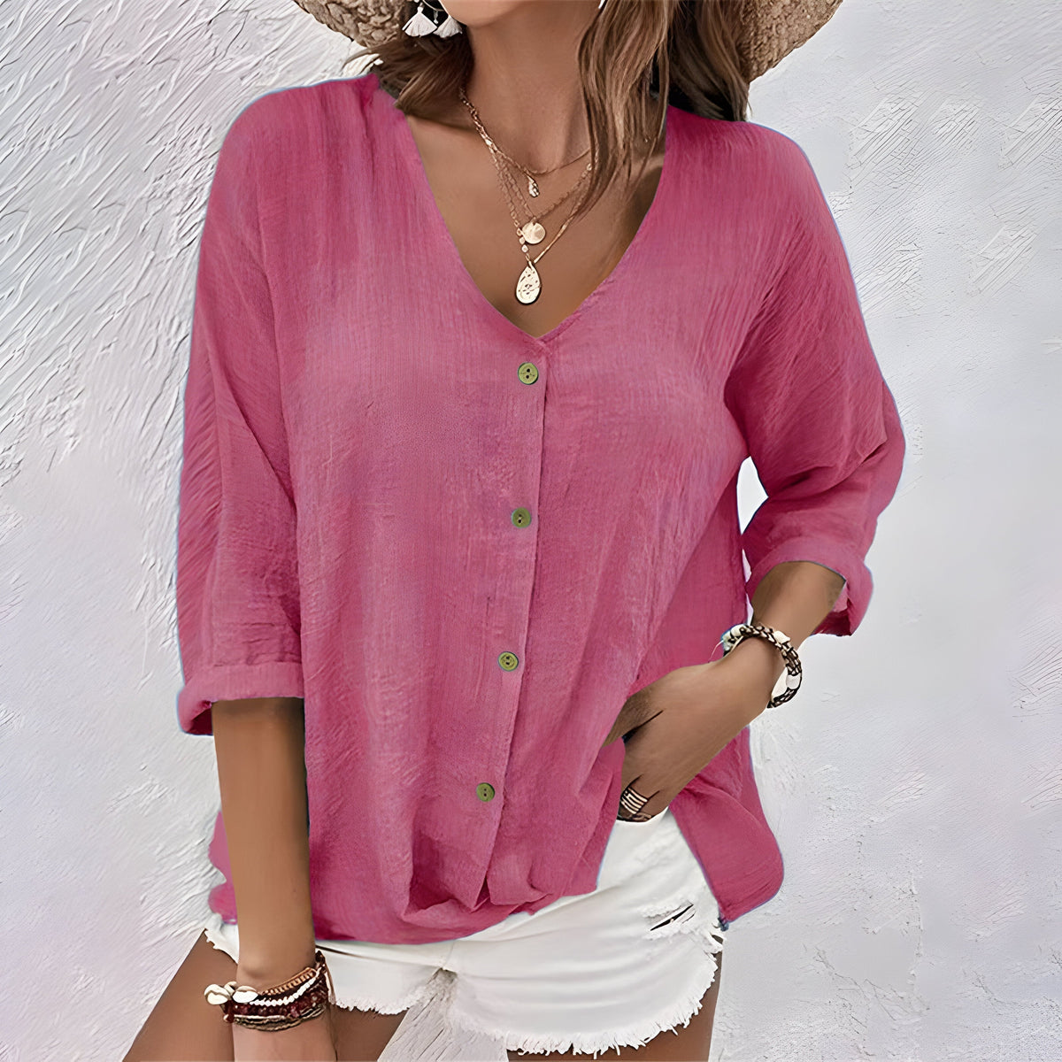 Blouse boutonnée à col en V pour femmes, coupe décontractée, haut décontracté