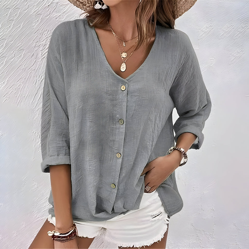 Women's V Neck Button Up Blouse Relaxed Fit Casual Top
