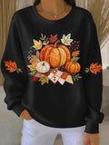 Round Neck Long Sleeve Women’s Sweatshirt with Pumpkin Graphic Design
