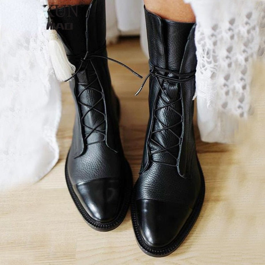 Women's Lace-Up Boots with Panelled Upper and Flat Sole