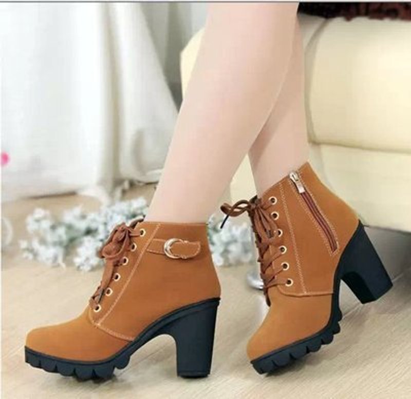 Women's Ankle Boots with Lace Up Design and Block Heel