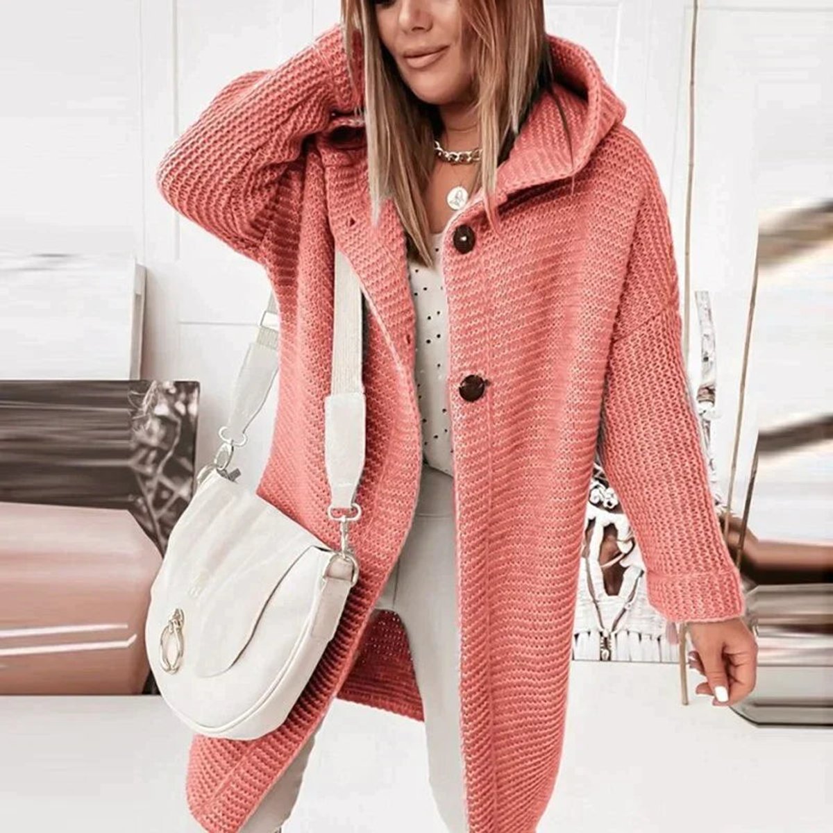 Cardigan long à capuche pour femme, boutonné sur le devant et à coupe oversize