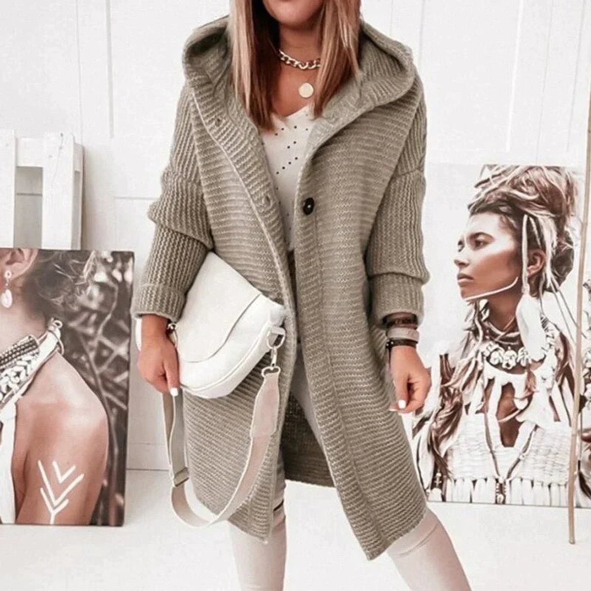 Cardigan long à capuche pour femme, boutonné sur le devant et à coupe oversize