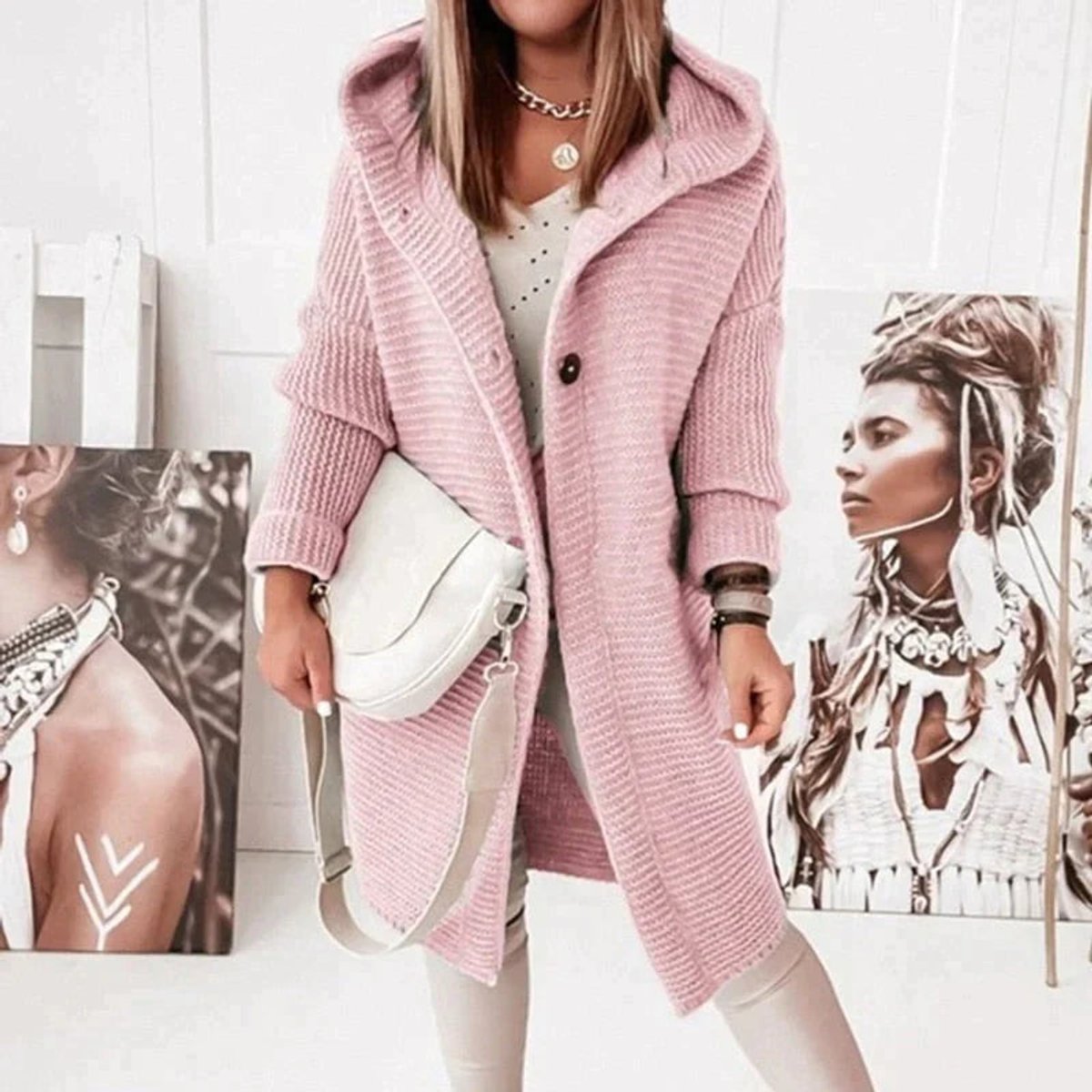 Cardigan long à capuche pour femme, boutonné sur le devant et à coupe oversize