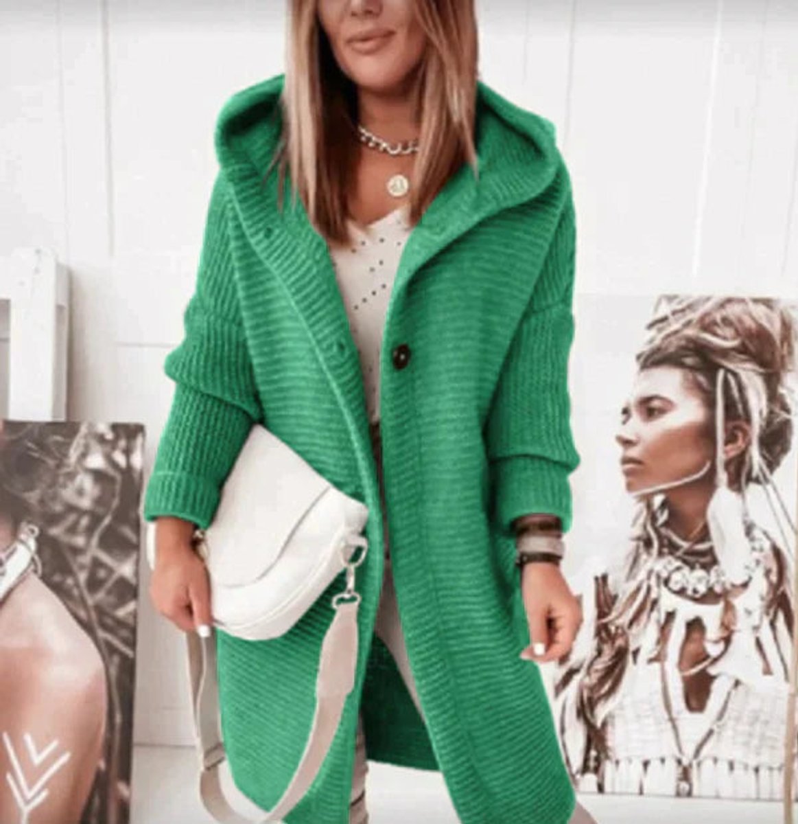 Cardigan long à capuche pour femme, boutonné sur le devant et à coupe oversize