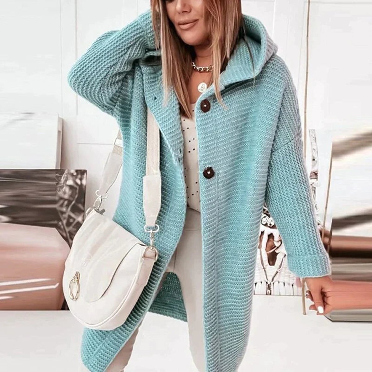 Cardigan long à capuche pour femme, boutonné sur le devant et à coupe oversize