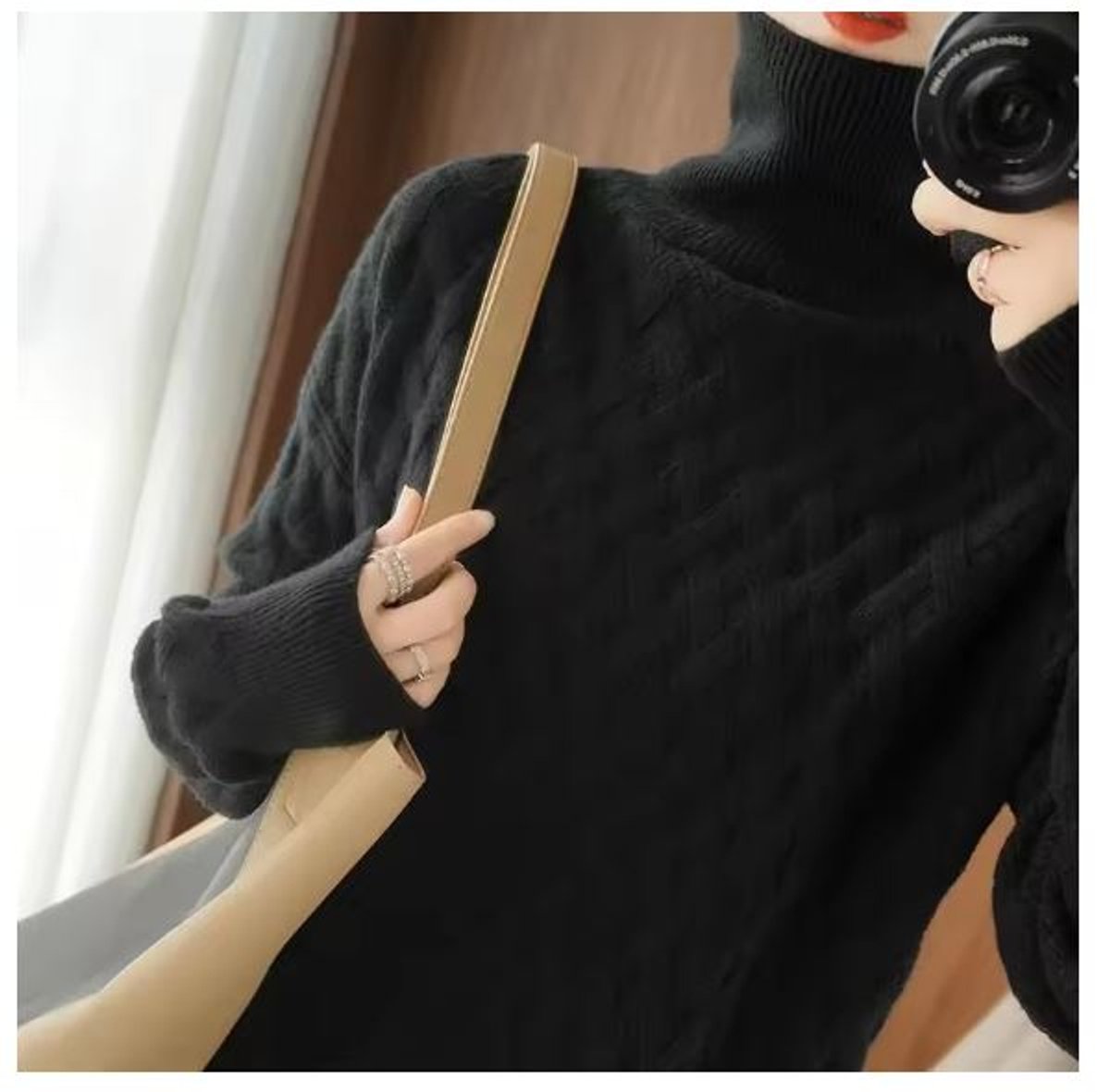 Pull à col roulé pour femme, à motif torsadé et manches longues