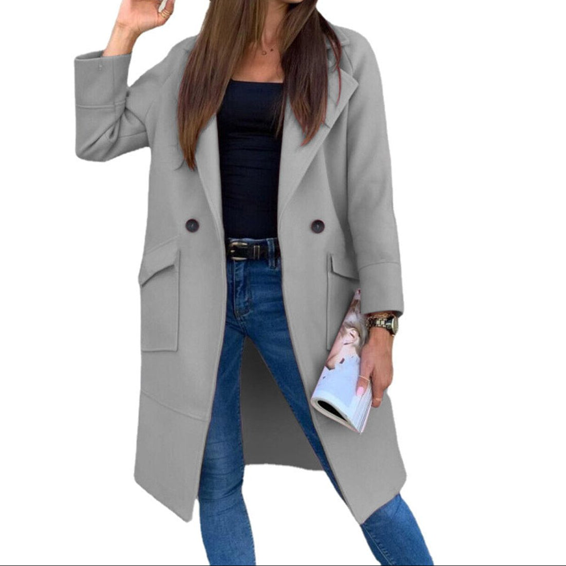 Trench-coat femme croisé avec col à revers et poches avant