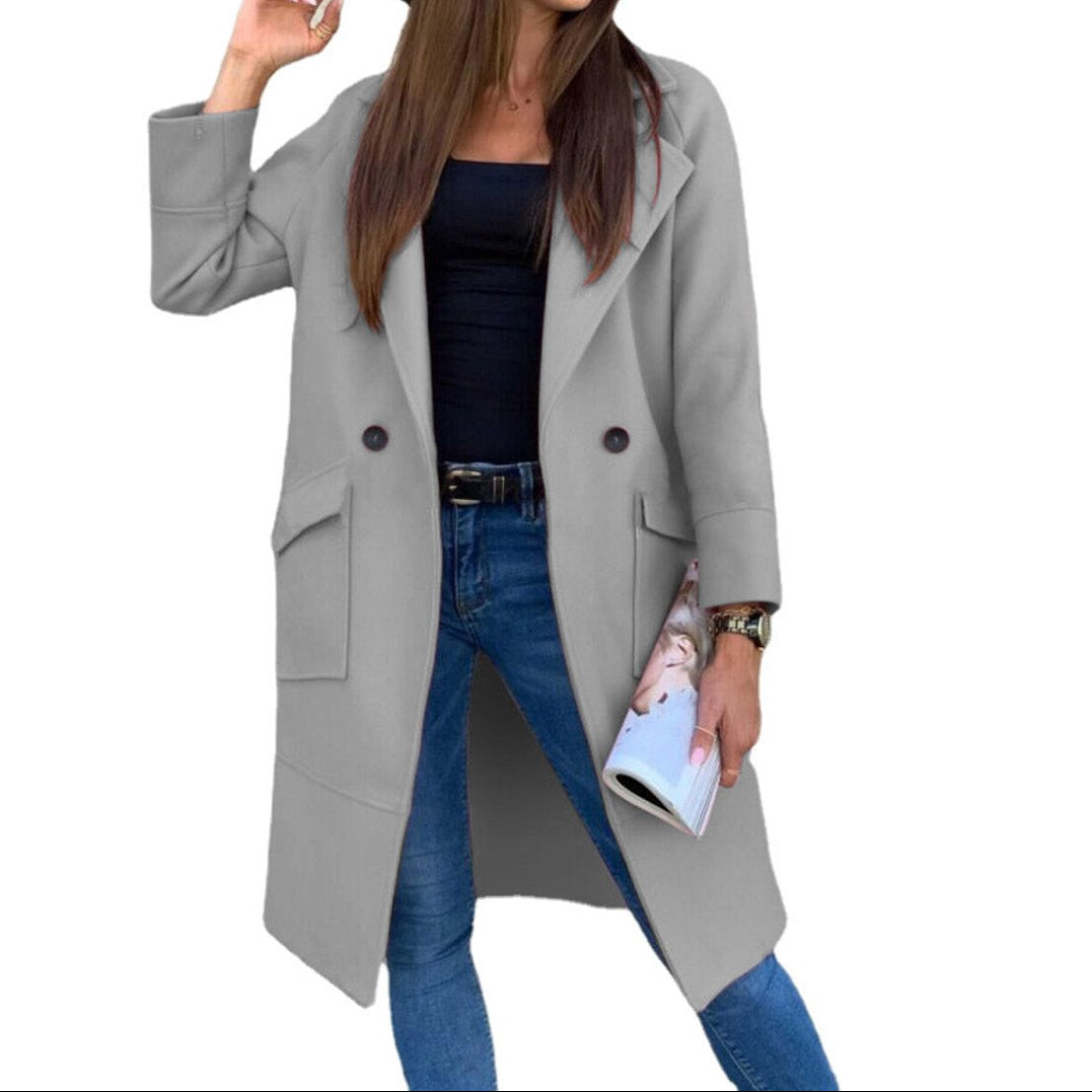 Trench-coat femme croisé avec col à revers et poches avant