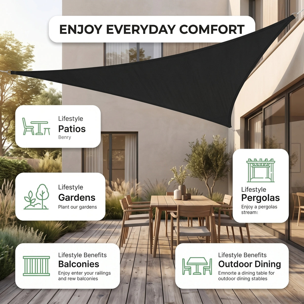 Triangle Sun Shade Sail with Reinforced Corner D-Rings for Patio Garden Shelter