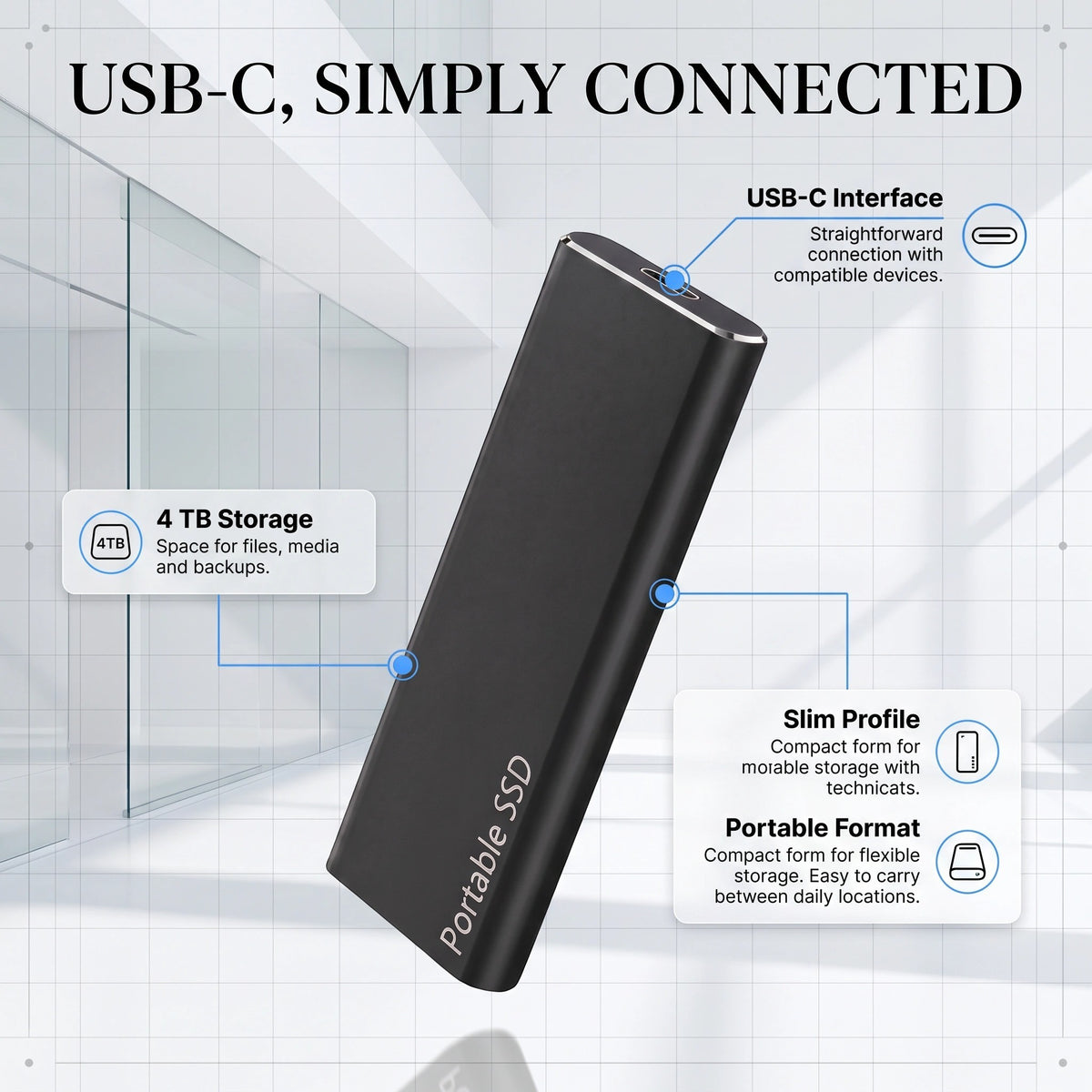 Dispositif de stockage portable SSD externe USB-C avec connexion USB-C