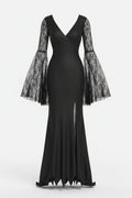 Robe gothique de sorcière pour femme, avec manches en dentelle et ourlet évasé