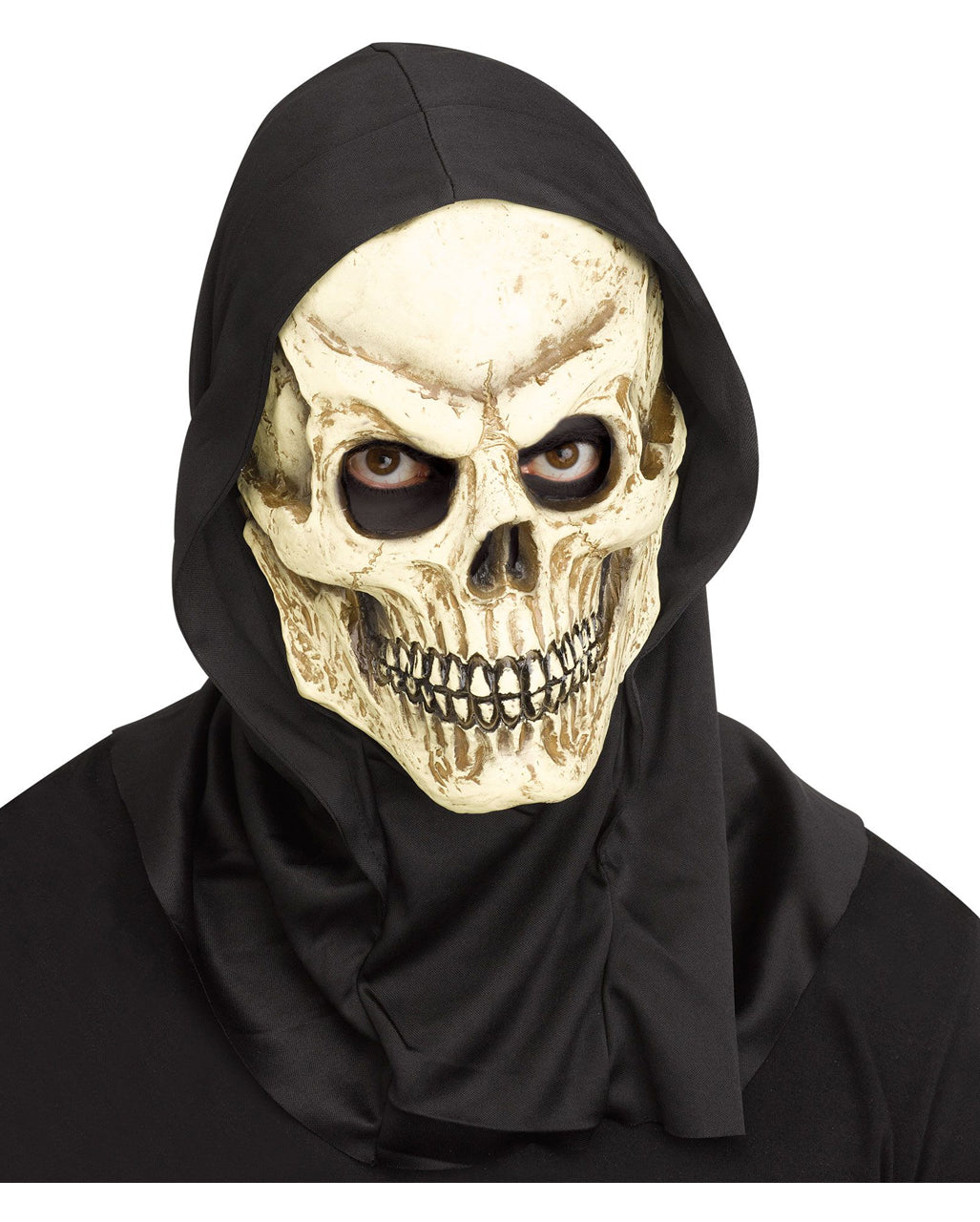 Felnőtteknek való, rothadó koponyát ábrázoló, csuklyás halloween-horrormaszk
