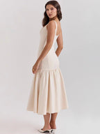Elegant Midi Dress with Square Neckline Wide Straps and Flared Ruffle Skirt