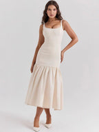 Elegant Midi Dress with Square Neckline Wide Straps and Flared Ruffle Skirt