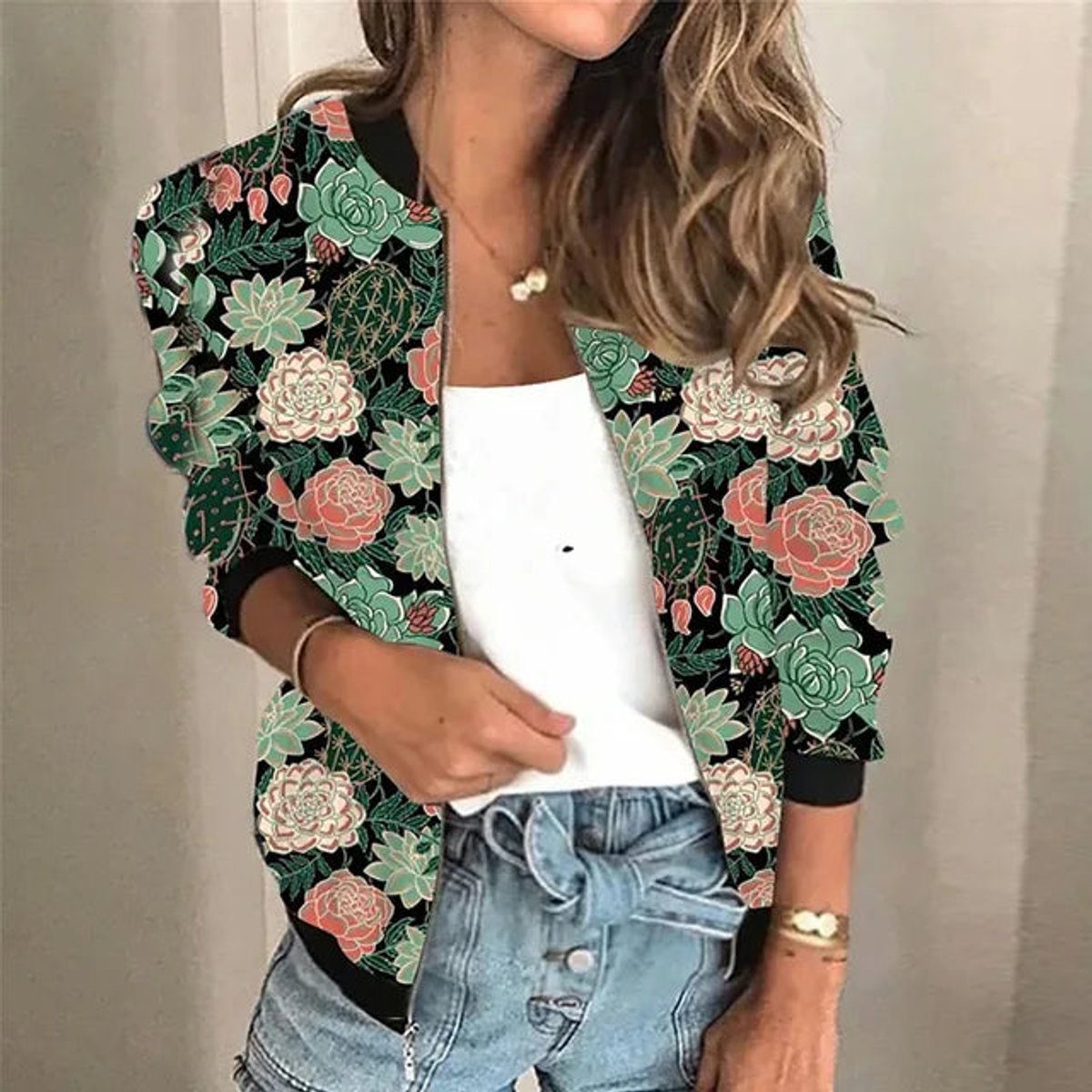 Women's Bomber Jacket with Floral Print and Zip Front