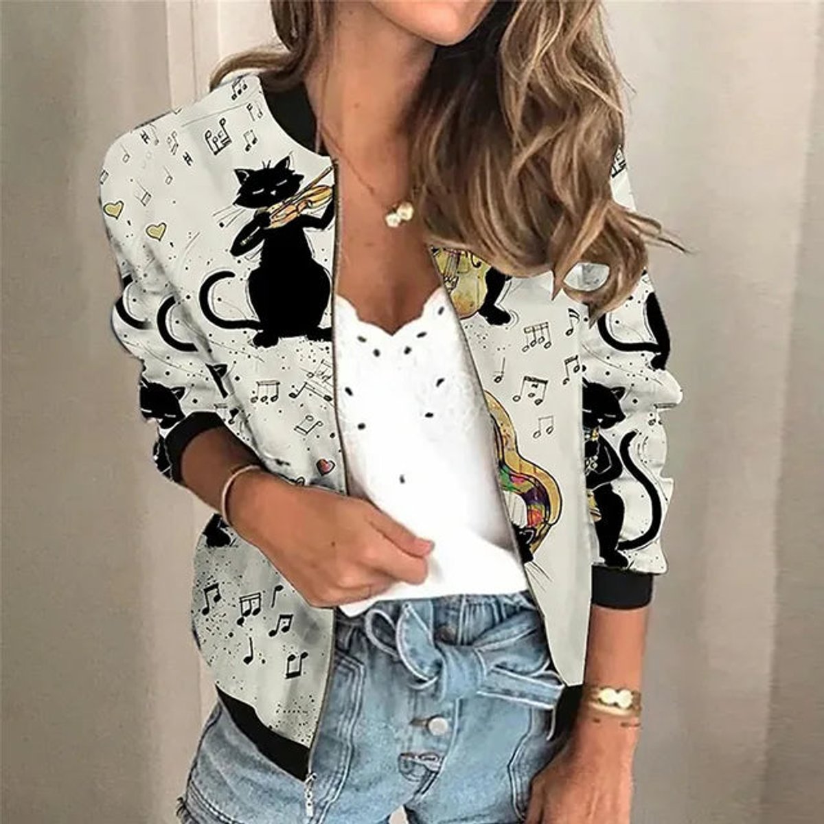 Women's Bomber Jacket with Floral Print and Zip Front