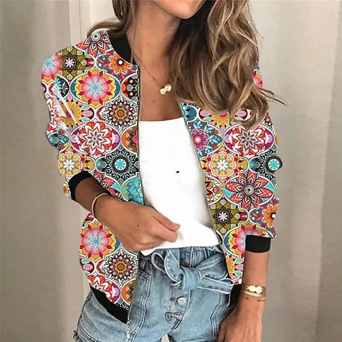 Women's Bomber Jacket with Floral Print and Zip Front