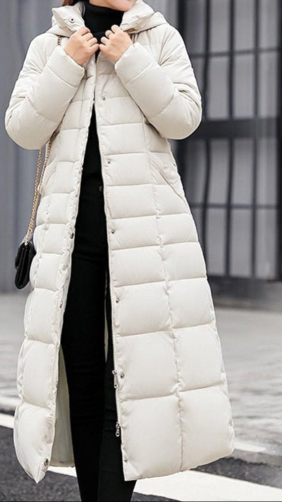 Long manteau d’hiver matelassé pour femme, avec capuche et fermeture à glissière sur le devant