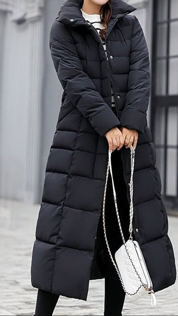 Long manteau d’hiver matelassé pour femme, avec capuche et fermeture à glissière sur le devant