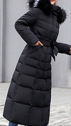 Women's Long Quilted Winter Coat with Hood and Zip Front
