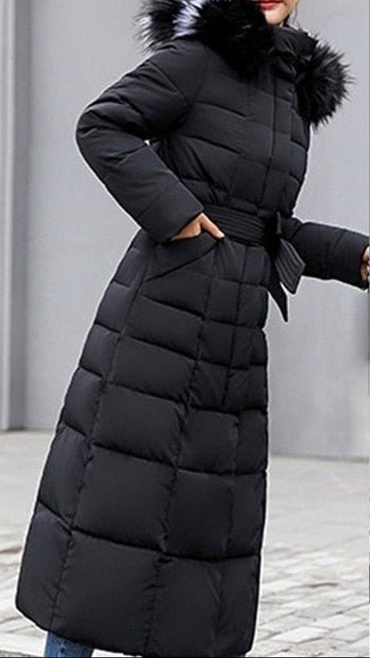 Long manteau d’hiver matelassé pour femme, avec capuche et fermeture à glissière sur le devant