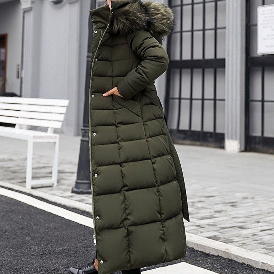 Long manteau d’hiver matelassé pour femme, avec capuche et fermeture à glissière sur le devant