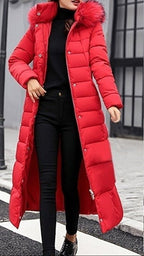 Women's Long Quilted Winter Coat with Hood and Zip Front
