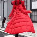 Women's Long Quilted Winter Coat with Hood and Zip Front