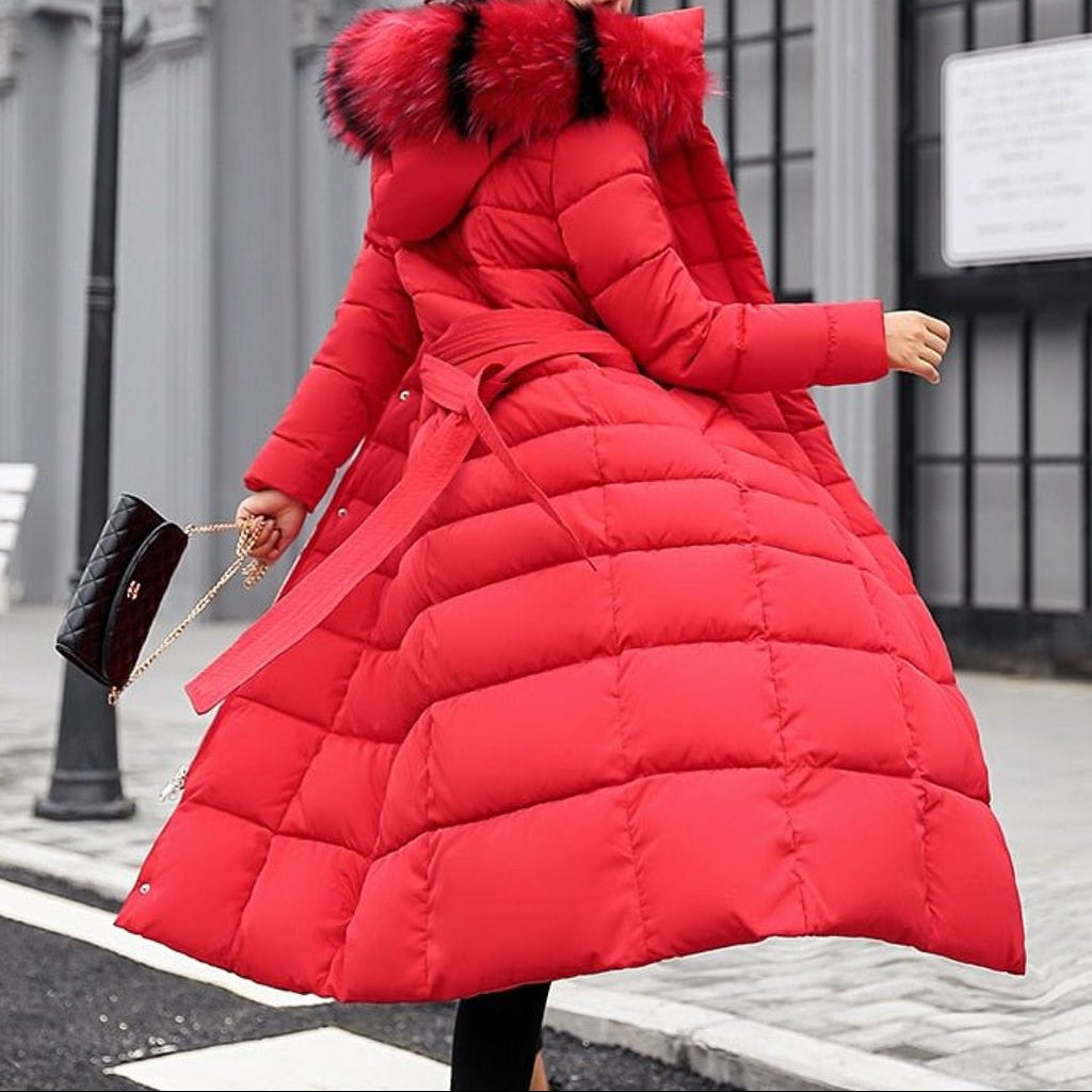 Long manteau d’hiver matelassé pour femme, avec capuche et fermeture à glissière sur le devant