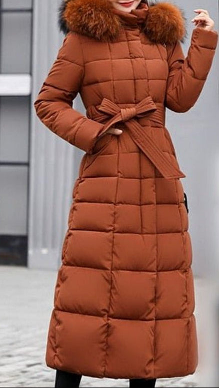 Long manteau d’hiver matelassé pour femme, avec capuche et fermeture à glissière sur le devant