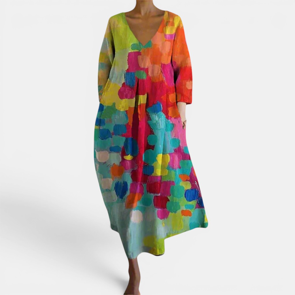 Robe longue à imprimé abstrait pour femme avec col en V