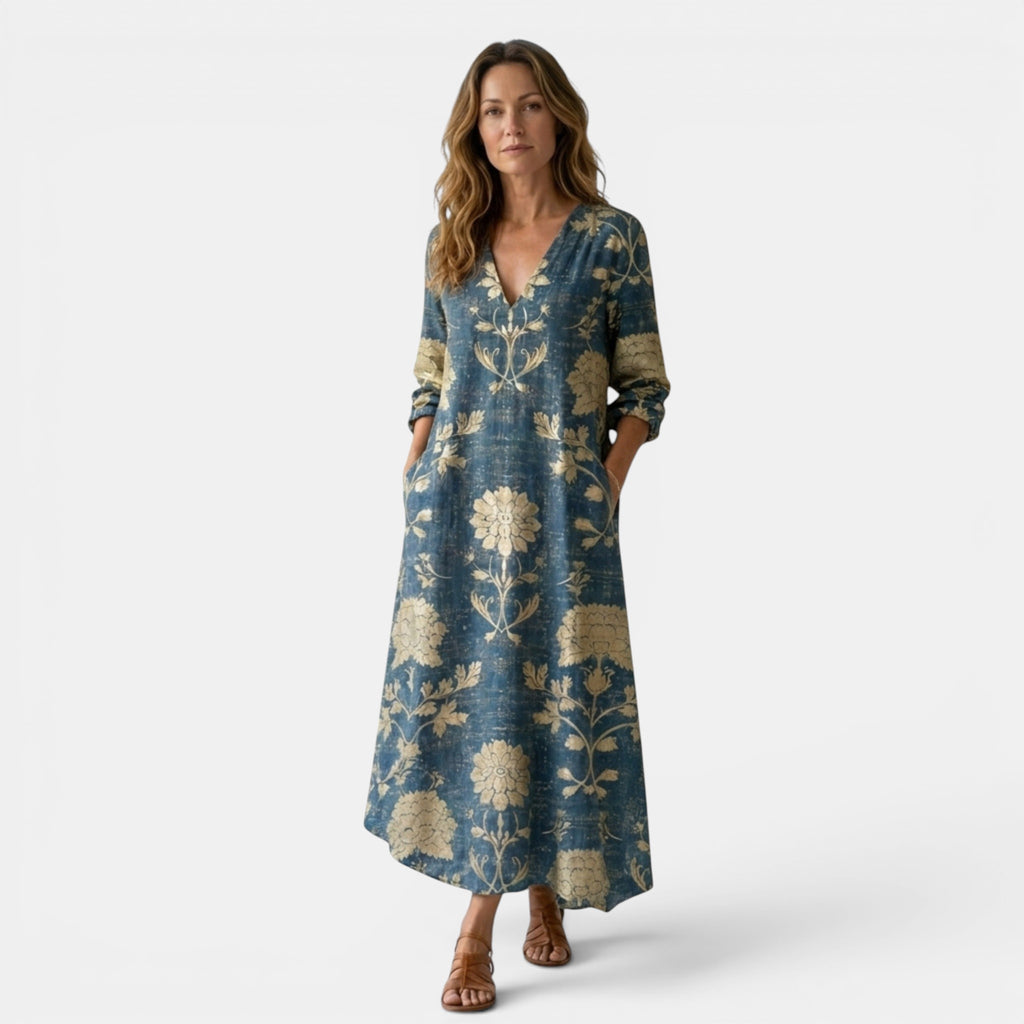Robe maxi florale bleue pour femmes, coupe décontractée élégante