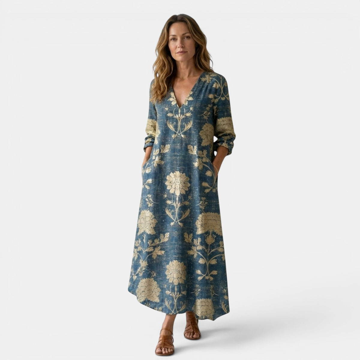 Women's Blue Floral Maxi Dress Relaxed Elegant Fit