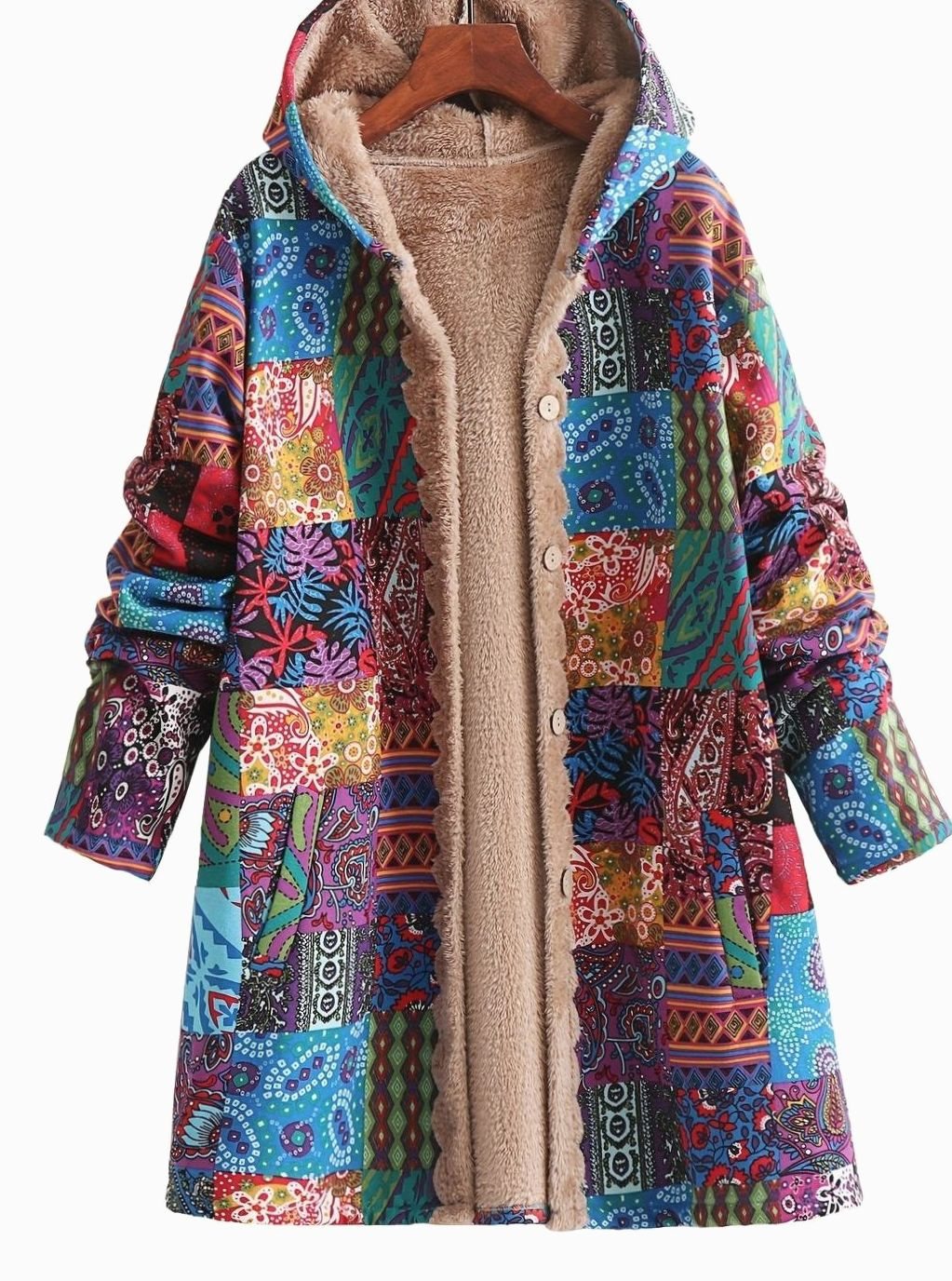 Női bohém patchwork mintás, polárbéléses kapucnis dzseki