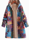 Boho Patchwork Print Fleece-Lined Hooded Jacket for Women